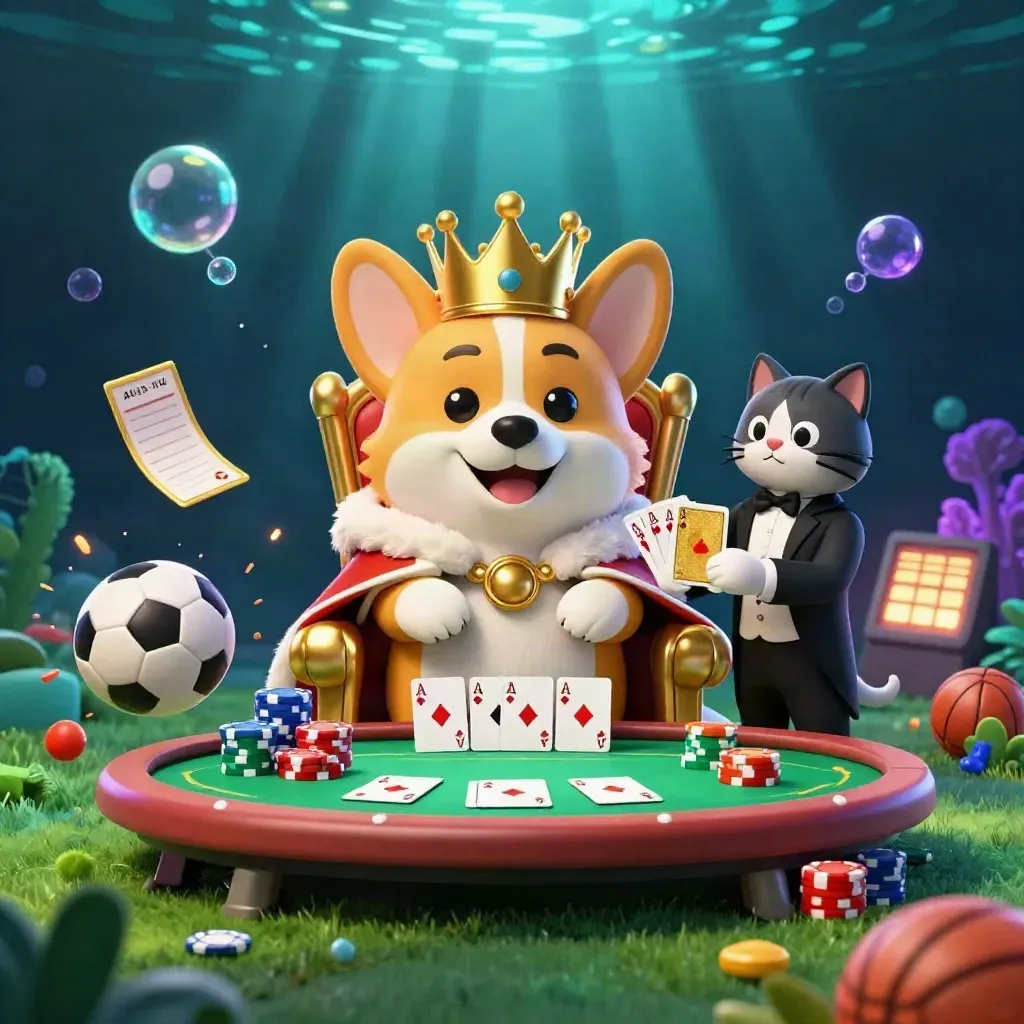 Royal corgi and cat butler amid chips, cards, soccer ball, basketball, and teal underwater glow.