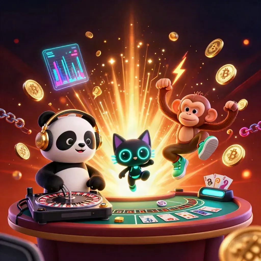 DJ panda, dancing monkey, and glow-stick kitten amid neon casino coins, lightning, and treasure light