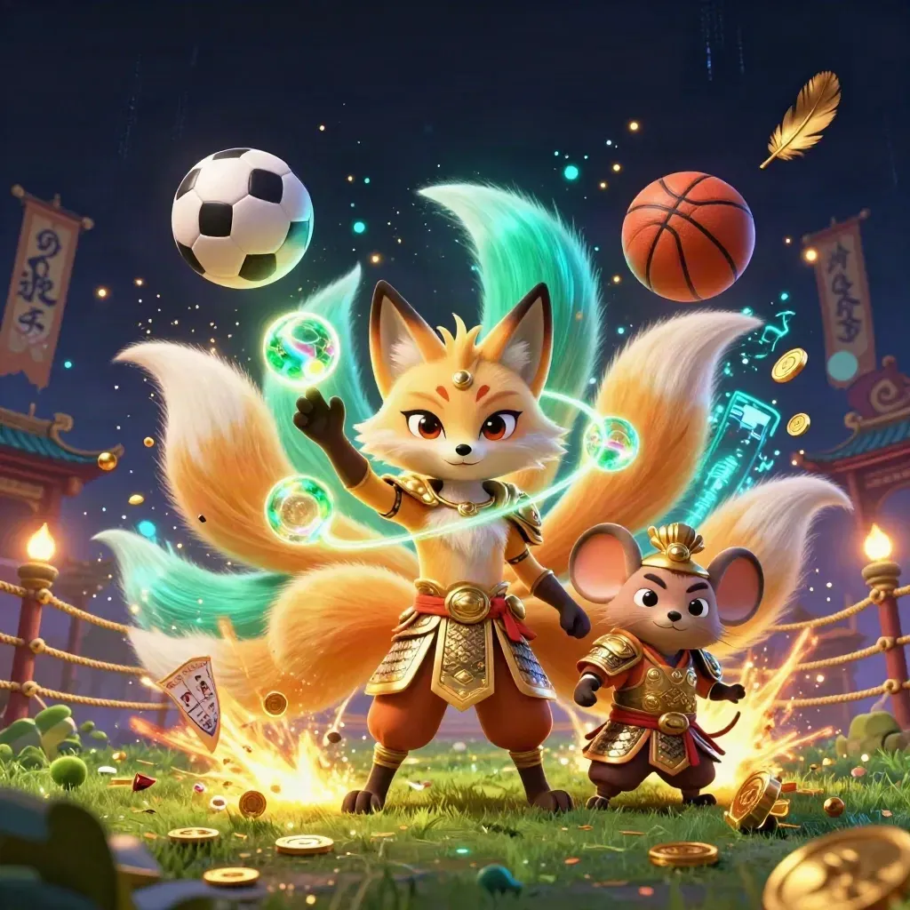 Neon fox spirit and armored mouse amid flying soccer and basketball chaos, casino fantasy sports art