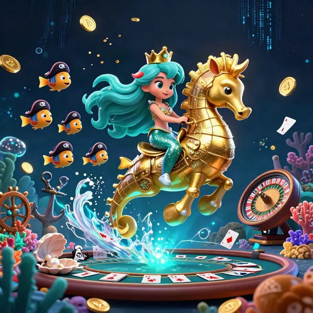 Mermaid princess rides a gold-armored seahorse amid treasure, fish, cards, and neon casino effects.