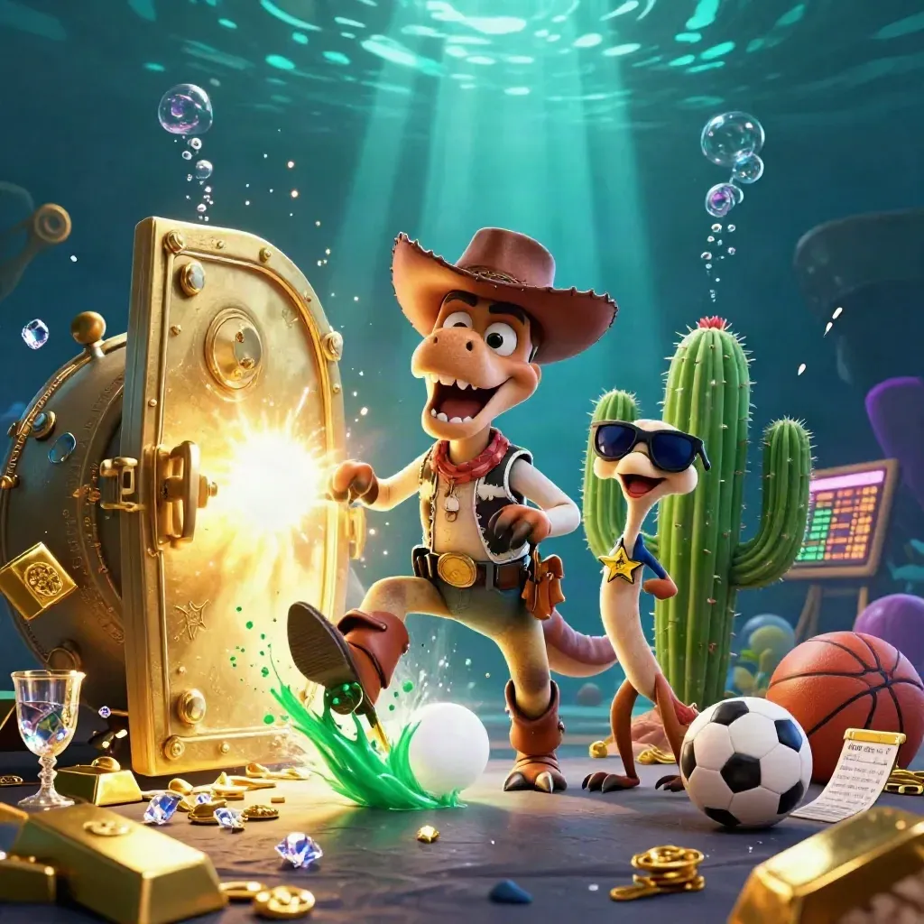 Cowboy T-Rex, cactus sidekick and roadrunner burst through a glowing gold vault underwater.