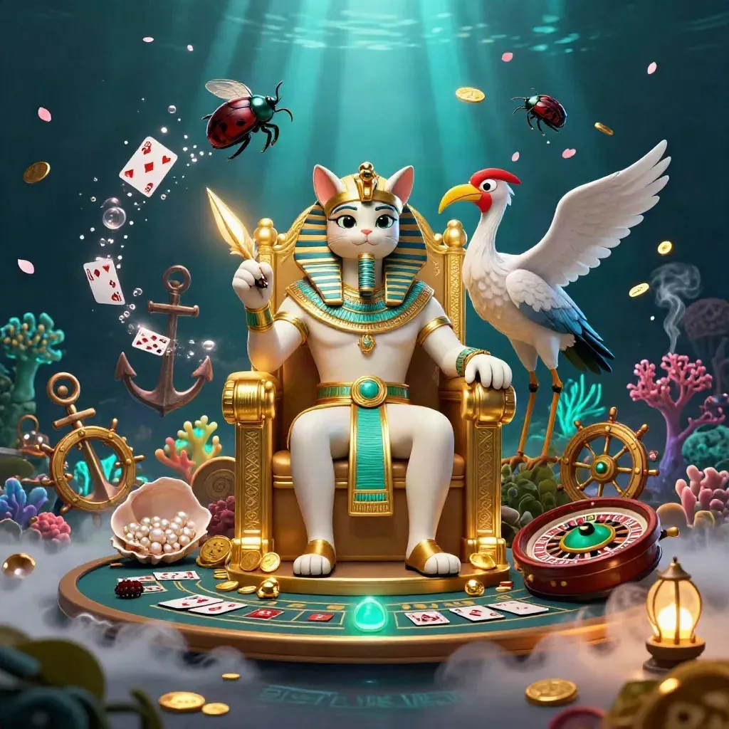 Pharaoh cat throne scene underwater with scribe, scarabs, treasure, and casino elements
