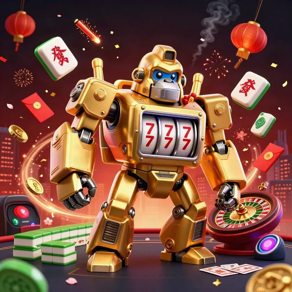 Golden gorilla mech with monkey pilot in a luxe casino room, surrounded by lanterns, coins and fireworks.