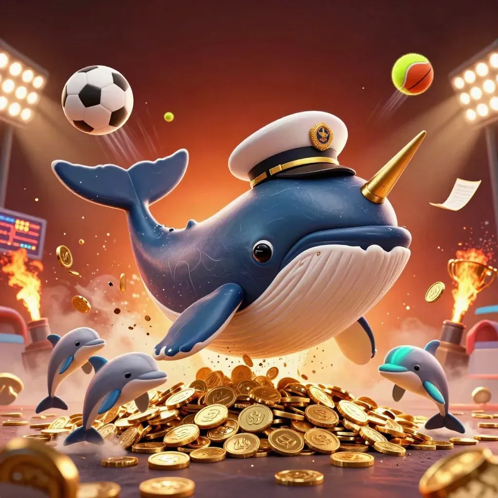 Whale captain, narwhal and dolphins burst through coins with sports balls and casino lights.