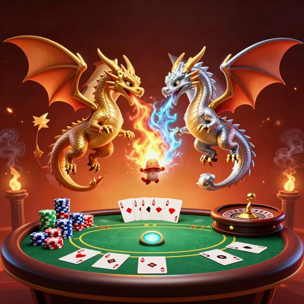 Twin gold and silver dragons with casino props, fiery glow, and a lantern spirit in luxe key art.