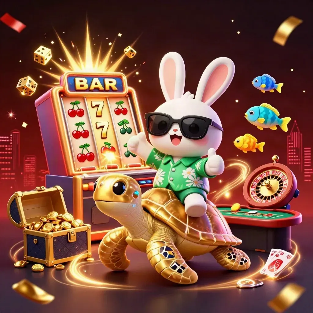 Cartoon rabbit on a golden sea turtle amid casino symbols, roulette wheel, and glowing confetti.