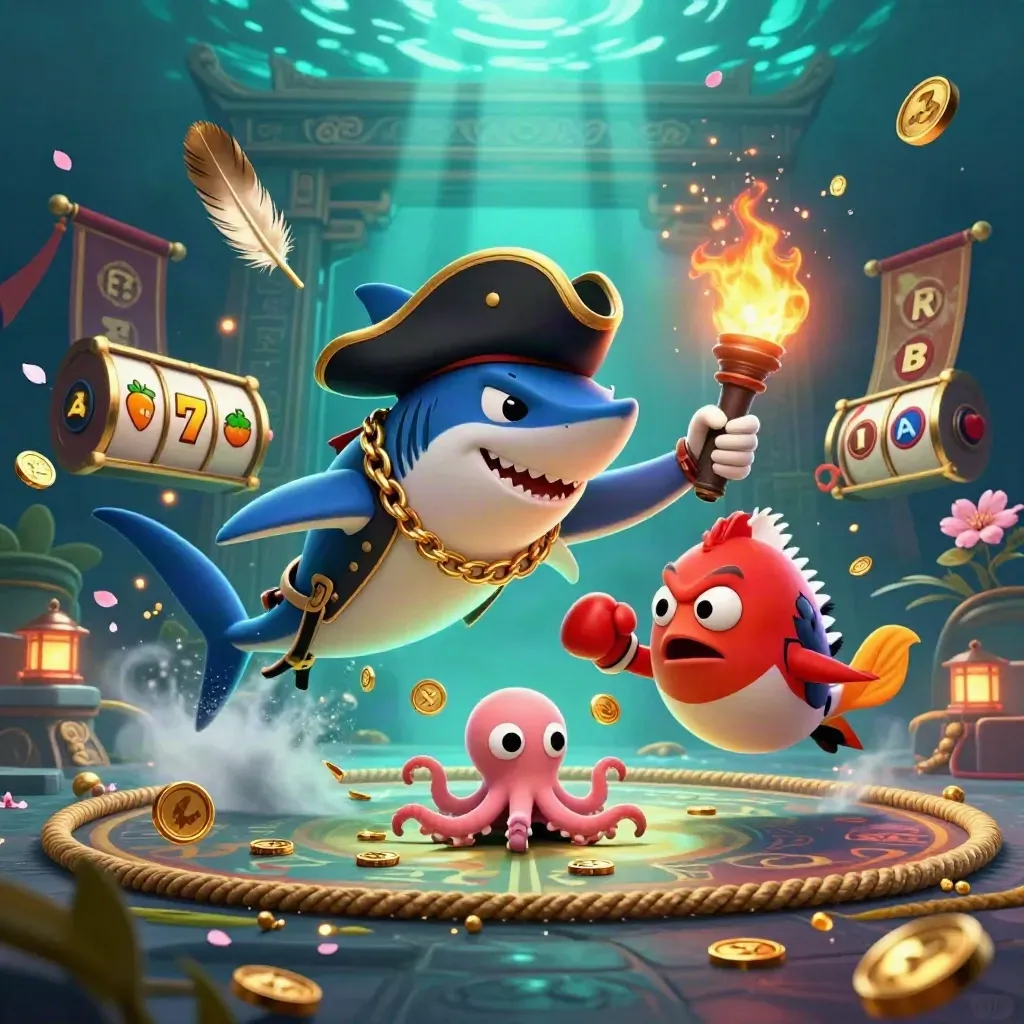 Pirate shark, boxing pufferfish, and coin-juggling octopus in a glowing underwater casino scene.