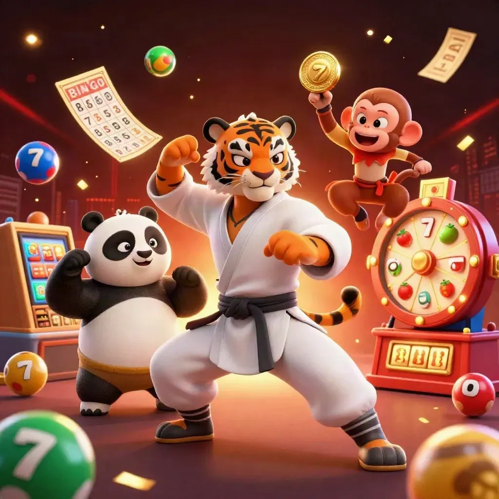 Kung-fu tiger, panda, and monkey amid casino prizes, glowing balls, wheels, and gold confetti.