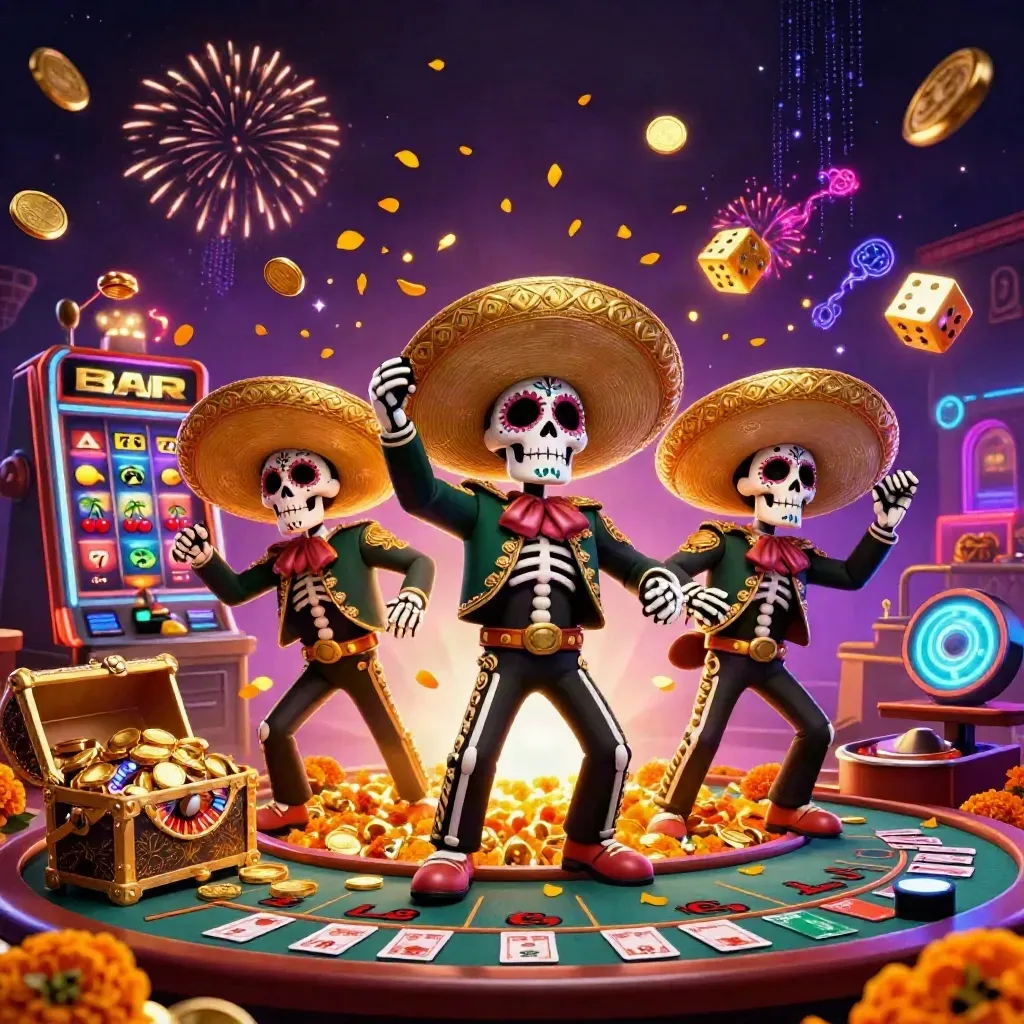 Skeleton mariachi trio amid a bursting vault, slot symbols, gold, and neon casino magic.