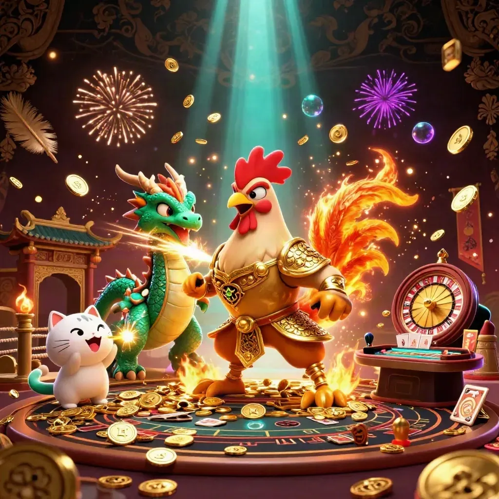 Rooster warrior, dragon hatchling and fortune cat amid coins, roulette wheel and casino magic.