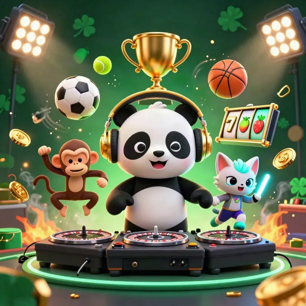 DJ panda, breakdancing monkey, and glow-stick kitten amid casino lights, coins, and slot symbols