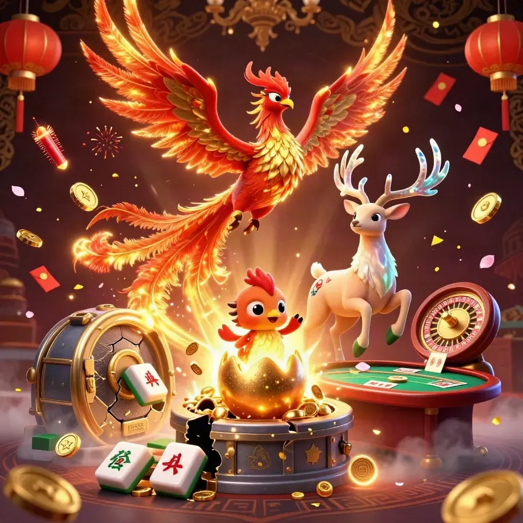 Phoenix, baby phoenix, and crystal-antler stag amid coins, lanterns, roulette, and casino firework bursts.