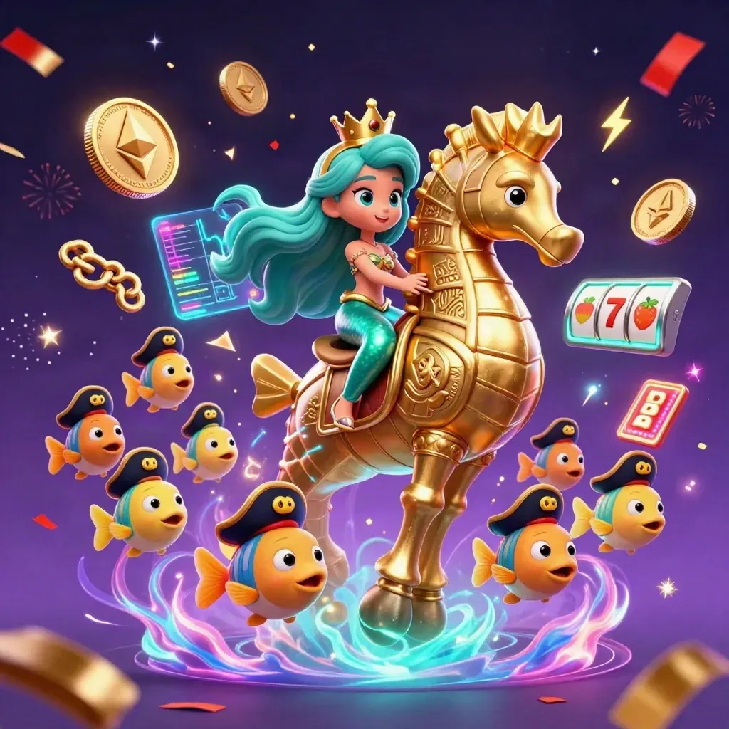 Mermaid princess on armored seahorse amid coins, reels, sparks and casino magic