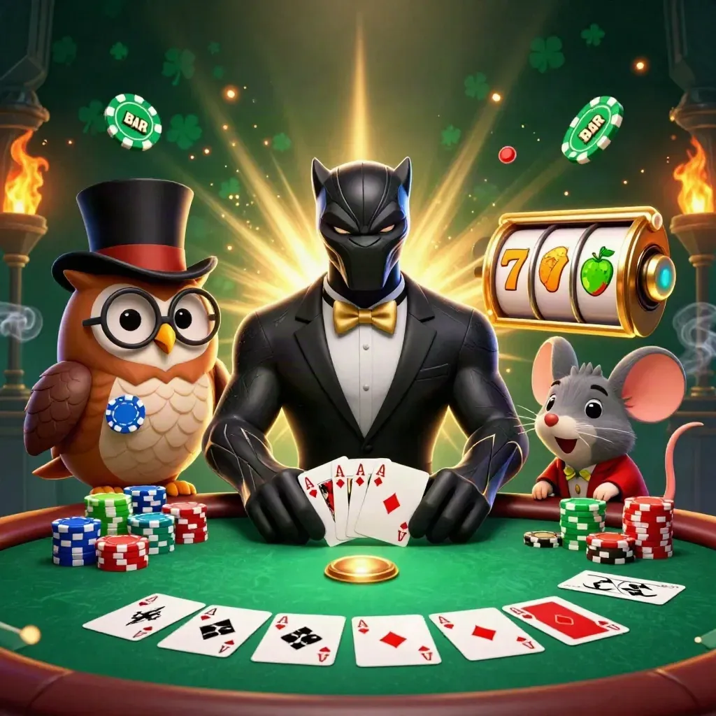 Panther, owl, and mouse at a glowing casino table with chips, cards, reels, and gold sparks.