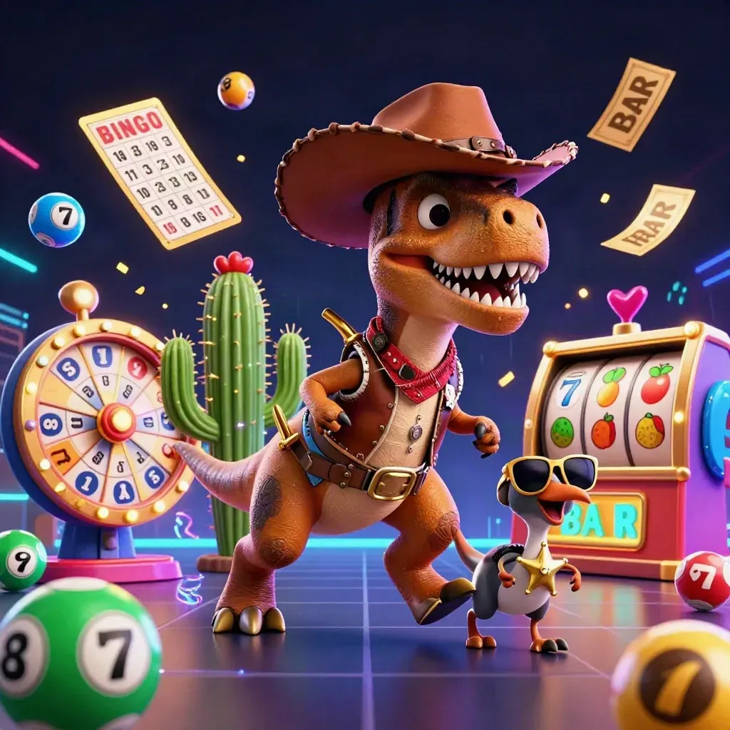 Cowboy T-Rex trio blasting casino icons in a neon vault-like arcade scene.
