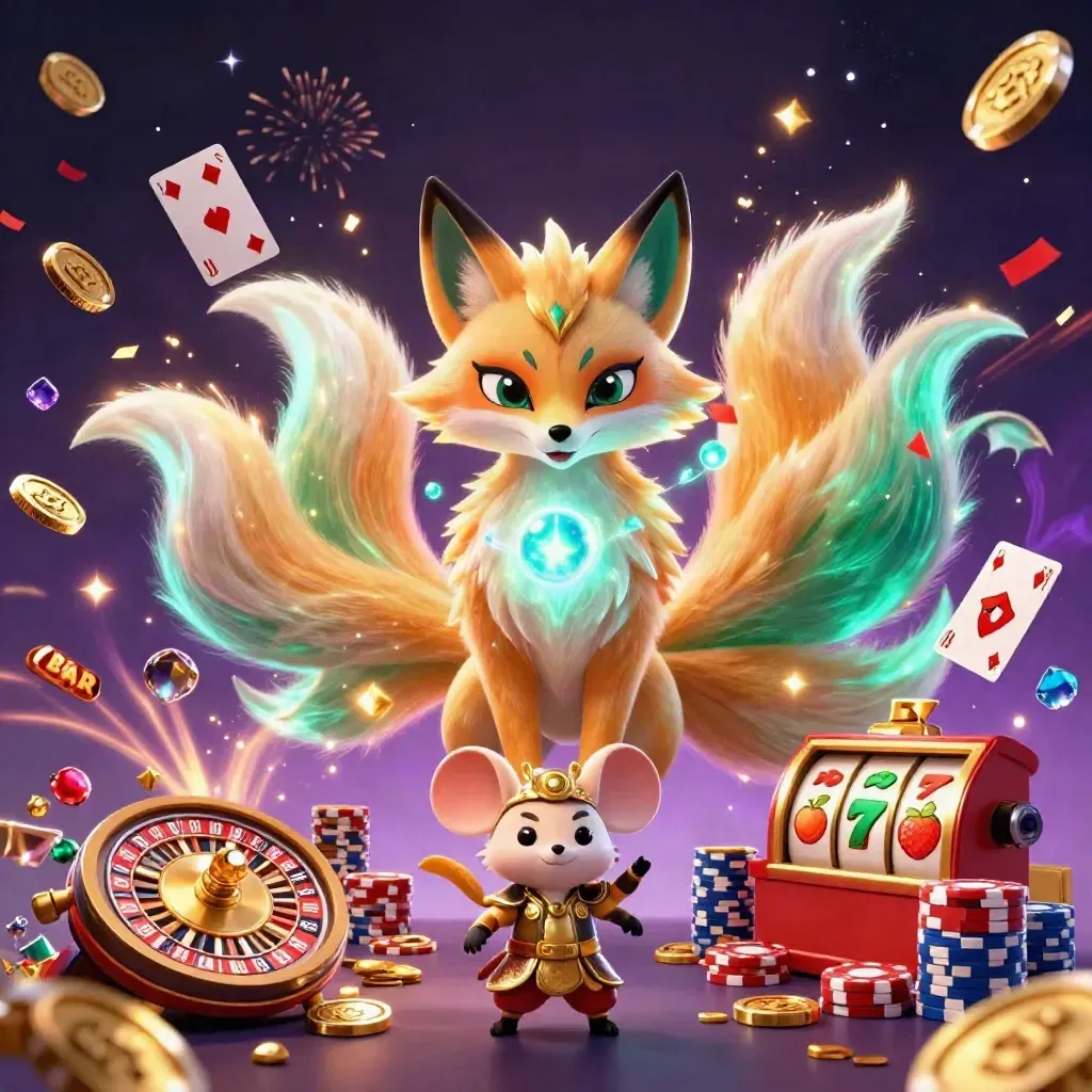 Nine-tailed fox spirit and armored mouse amid coins, reels, chips, and magic on a dark casino backdrop.