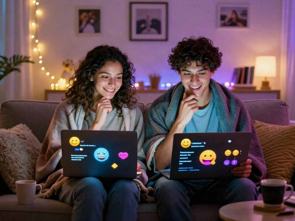Couple enjoying an AI chat porn session, cozy living room with vibrant decor.